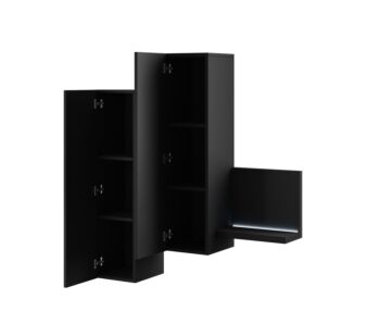 Modulo porta oggetti nero opaco, formato da una mensola e 2 pensili verticali