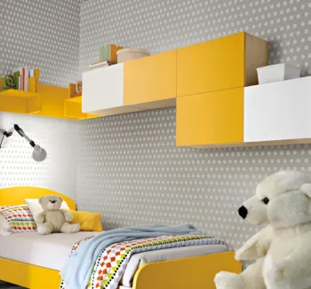 Cameretta moderna per ragazzi in Girasole, Rovere ambra e Bianco frassino