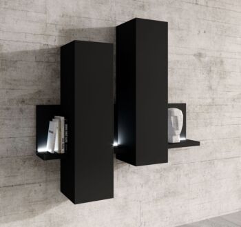 Modulo porta oggetti nero opaco, formato da una mensola e 2 pensili verticali