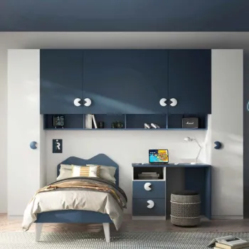 Armadio a ponte per camerette, Bianco opaco e Blu navy, L.333