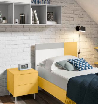 Letto singolo POP 01, finitura Senape, Bianco Opaco e Grigio Seta