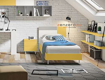 Letto singolo POP 01, finitura Senape, Bianco Opaco e Grigio Seta