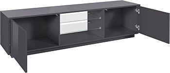 Porta tv di design in finitura laccato antracite con due ante e due mensole in vetro