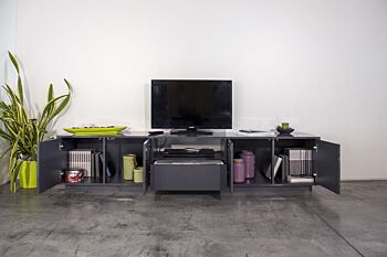 Porta tv laccato lucido antracite con cassetto centrale e quattro ante laterali