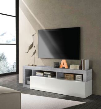 Porta Tv moderno in finitura bianco laccato lucido e Cemento