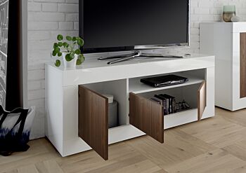 Porta TV a 3 ante, moderno e di design, finitura Bianco Lucido e Noce Dark