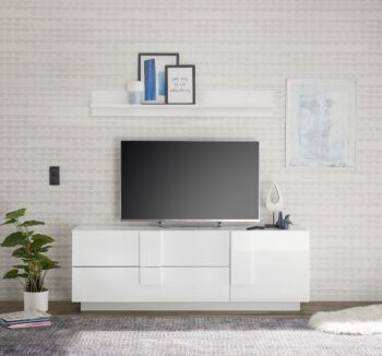 Occasione soggiorno moderno con madia alta e porta tv, finitura Bianco laccato lucido