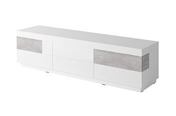 Sala moderna composta da porta TV e vetrina, grigio cemento e bianco lucido 