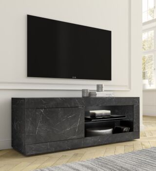 Porta TV, effetto marmo nero con 1 anta, Made in Italy