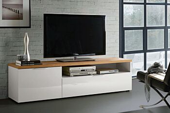 Porta TV moderno L.180 cm finitura Bianco laccato lucido e Castagno