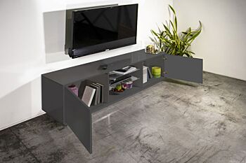 Porta tv di design in finitura laccato antracite con due ante e due mensole in vetro