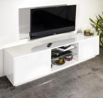 Porta tv moderno bianco laccato lucido con due mensole in vetro