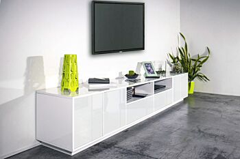 Moderno porta tv in appoggio in finitura bianco laccato lucido 