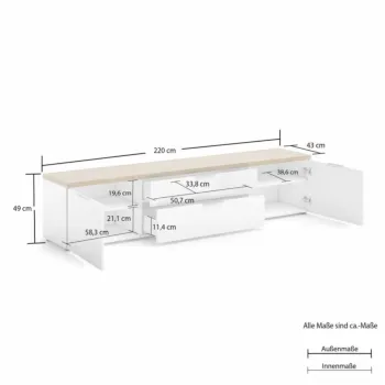Mobile tv colore Bianco lucido con top Rovere, L.220 cm in offerta