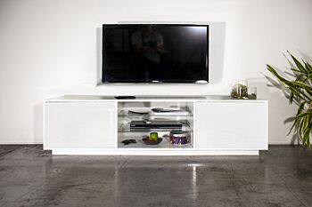 Porta tv moderno bianco laccato lucido con due mensole in vetro