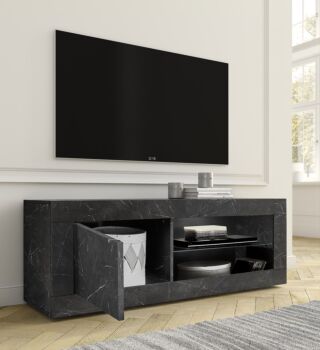 Porta TV, effetto marmo nero con 1 anta, Made in Italy