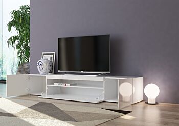 Base Porta TV moderna a 2 ante e 1 ribalta, finitura bianco lucido