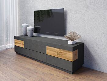 Soggiorno di design composto da porta TV e vetrina, antracite e rovere naturale
