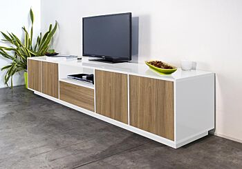 Moderno porta tv con cassetto centrale e quattro ante laterali, finitura bianco laccato lucido e noce caracalla
