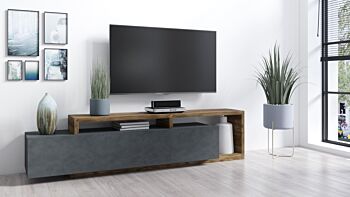 Porta TV con cassetto, finitura noce e antracite spatolato