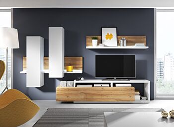 Zona giorno completa, finitura bianco opaco e rovere rustico