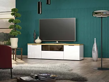 Porta TV colore Bianco lucido e Rovere chiaro