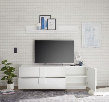 Occasione soggiorno moderno con madia alta e porta tv, finitura Bianco laccato lucido