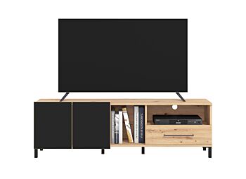 Mobile tv 160 cm con cassetto e due ante, finitura Rovere e Nero opaco