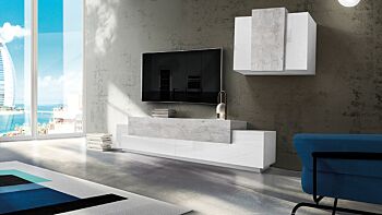 Porta Tv con pensile sospeso Bianco lucido e Cemento