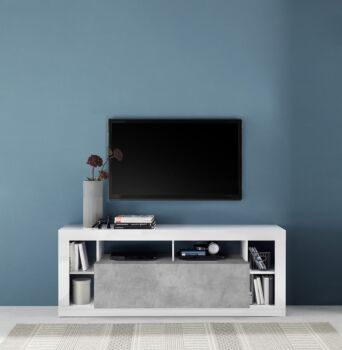 Conveniente Porta TV moderno 1 ribalta, colore Bianco lucido e Cemento