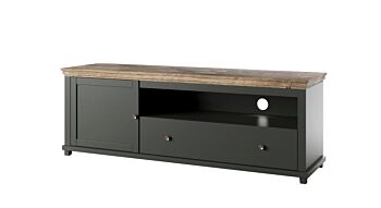 Porta TV composto da 1 anta e 1 cassetto, verde scuro e quercia