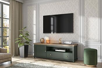 Porta TV composto da 1 anta e 1 cassetto, verde scuro e quercia
