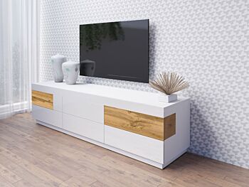 Zona giorno composta da da porta TV e vetrina, bianco e rovere naturale