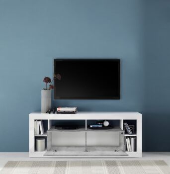 Conveniente Porta TV moderno 1 ribalta, colore Bianco lucido e Cemento