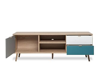 Soggiorno Lavik completo, stile nordico con gambe in legno finitura Quercia, Bianco, Petrolio e Grigia