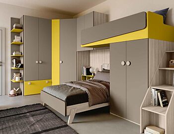 Cameretta a soppalco con armadio angolare, finitura Giallo cedro, Olmo natura, Visone