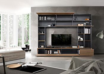 Soggiorno Zenzero, parete attrezzata moderna con libreria, 2 ribalte e vasistas, finitura Ossido, Noce e Grigio