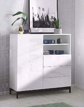 Madia di design, 3 cassetti, 1 anta e 2 vani a giorno, finitura bianco lucido