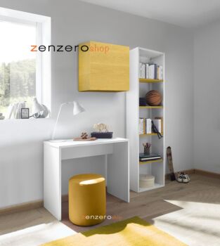 Set Zona Studio con Scrivania, Libreria e Pensile, Giallo e Bianco Opaco