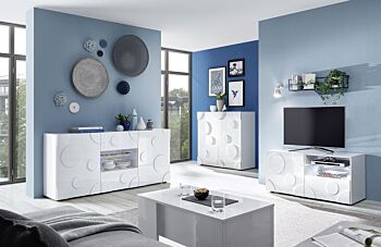 Sala moderna, composta da Porta TV e 2 Madie cerchio, Bianco lucido