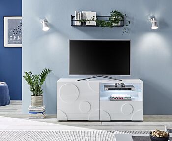Porta TV cerchio 1 anta 1 cassetto, finitura bianco lucido, design moderno