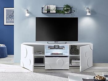 Porta TV cerchio 2 ante 1 cassetto, finitura bianco lucido, design moderno