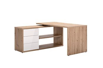 Scrivania moderna da ufficio dotata di 3 cassetti, finitura Rovere e Bianco laccato