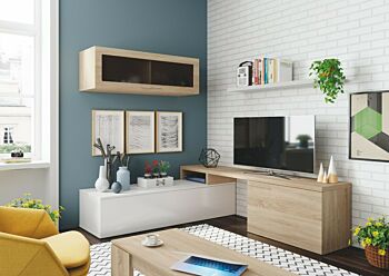 Parete attrezzata ad angolo, con porta tv, mensola e pensile, bianco lucido e Rovere