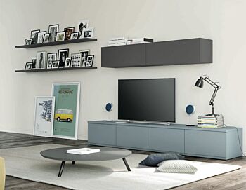 Parete attrezzata con porta tv in finitura Rovere gesso e Grigio titanio