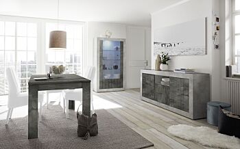 Sala completa di design con Madia, Vetrina e Tavolo, finitura cemento e ossido