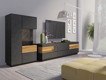 Soggiorno di design composto da porta TV e vetrina, antracite e rovere naturale