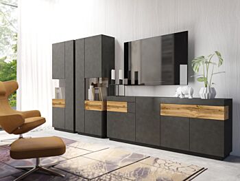 Sala moderna di design composta da Credenza e 2 Vetrine, finitura antracite e rovere naturale