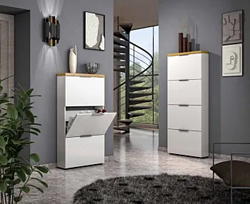 Scarpiera 4 ribalte, Bianco lucido e Rovere
