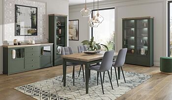 Credenza 2 ante e 4 cassetti, finitura verde scuro e quercia